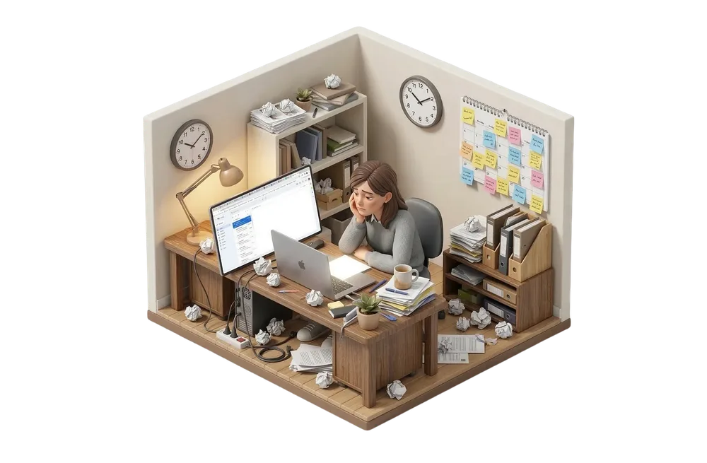 Overwhelmed real estate agent at a cluttered desk