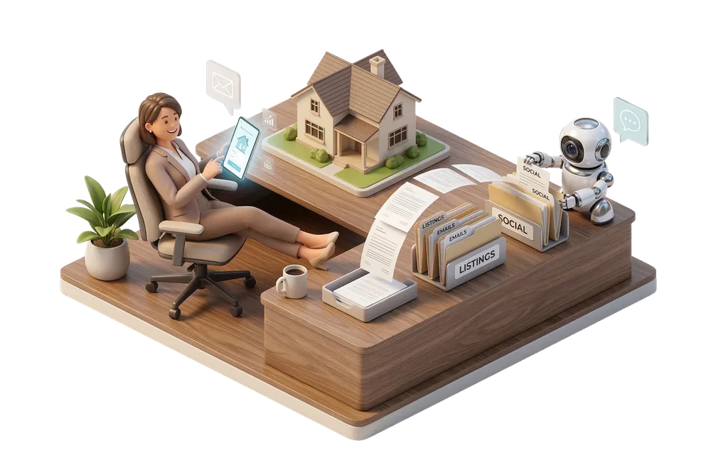 Relaxed real estate agent with AI robot assistant organizing content
